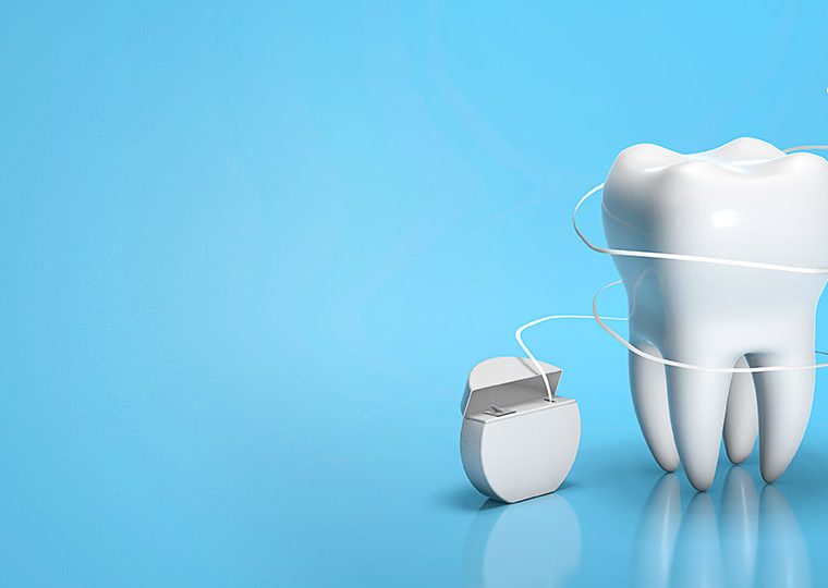 Dental floss. Flossing your teeth. Tooth and dental floss on a blue background. Copy space for text. 3d render.
